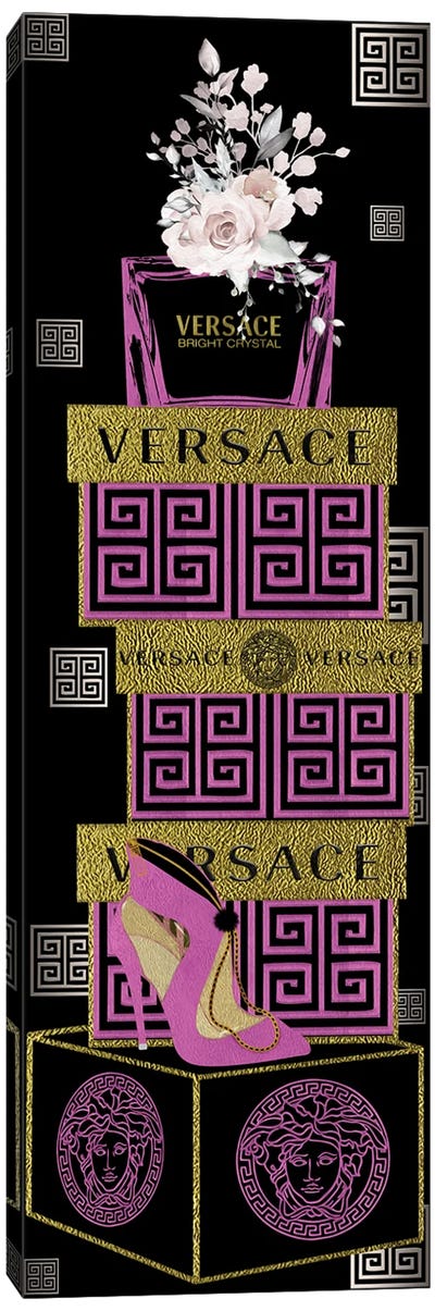 Pink & Vintage Gold Perfume Bottle On Fashion Boxes With Pink Heel Bag Canvas Art Print - Versace Art