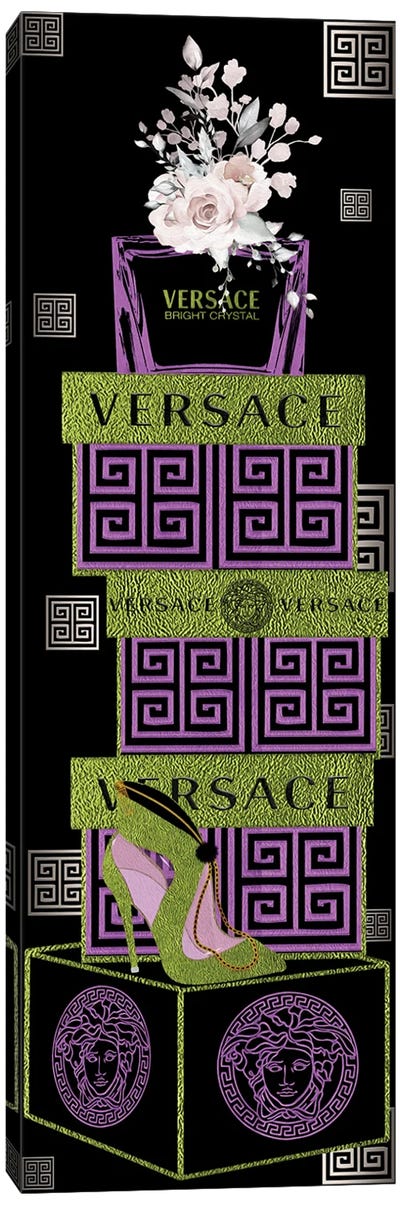 Purple & Jade 'Sace Perfume Bottle With Roses On Fashion Boxes With High Heel Clutch Canvas Art Print - Versace Art