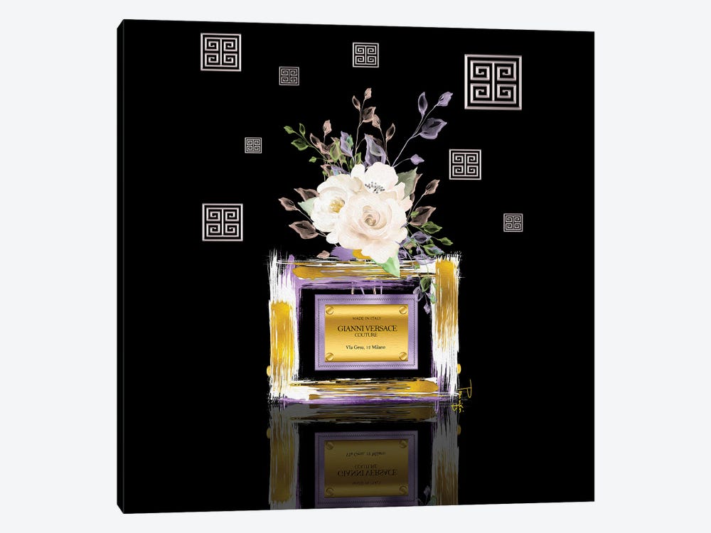Light Purple Gold & White 'Sace Couture Perfume Bottle With Roses by Pomaikai Barron 1-piece Canvas Print
