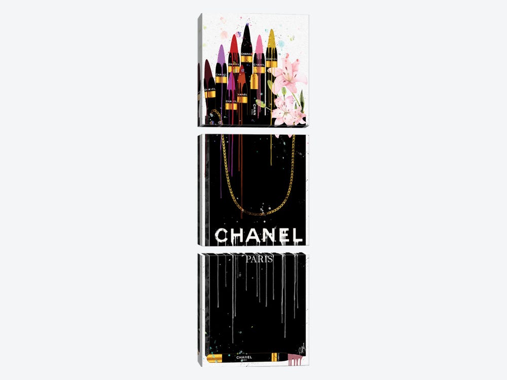 Black White Long Shopping Bag With Colorful Lip Pencils & Lillies by Pomaikai Barron 3-piece Canvas Artwork