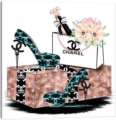 Eiffel Tower High Heels And Champagne Canvas Art Print - Chanel Art