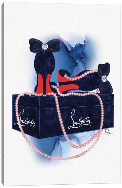 Bubu Blue Heels On Gift Box With Rose Pearls Canvas Art Print - Christian Louboutin Art