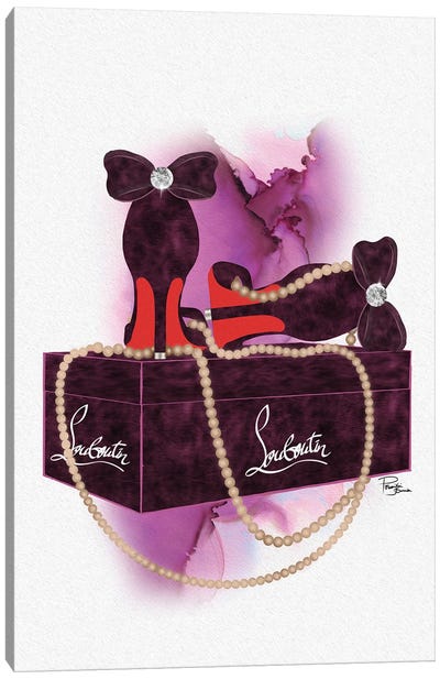 Bubu Deep Pink Heels On Gift Box With Light Brown Pearls Canvas Art Print - High Heel Art