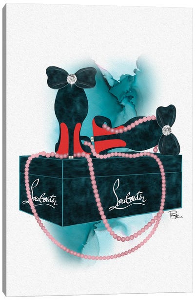 Bubu Turquoise Heels On Gift Box With Rose Pearls Canvas Art Print - Seasonal Glam
