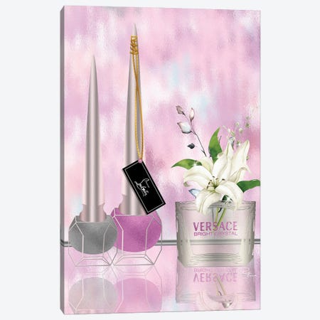 Pink Silver Bubu Nail Polish & Silver Perfume Bottle With Lilies Canvas Print #POB696} by Pomaikai Barron Canvas Art