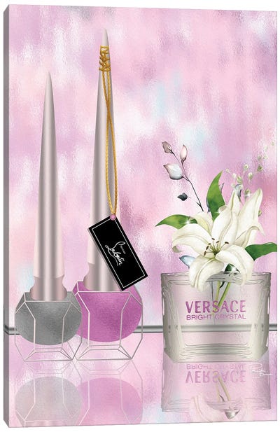 Pink Silver Bubu Nail Polish & Silver Perfume Bottle With Lilies Canvas Art Print - Versace Art