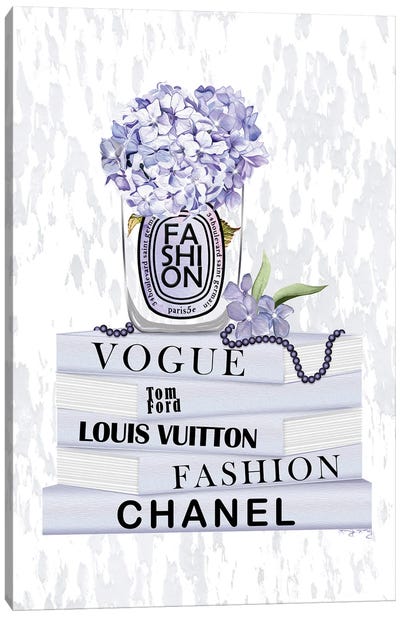 Lovely Lilac Fashion Candle With Hydrangeas On Soft Pastel Book Stack Canvas Art Print - Vogue Art