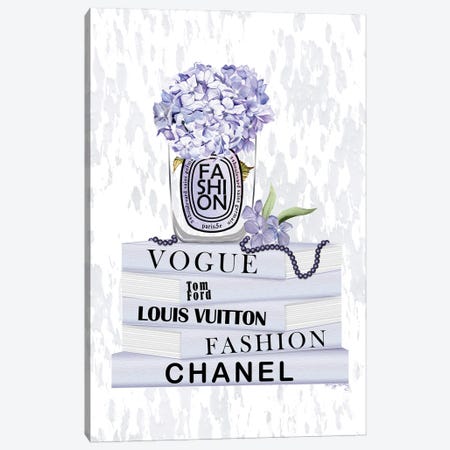 Lovely Lilac Fashion Candle With Hydrangeas On Soft Pastel Book Stack Canvas Print #POB723} by Pomaikai Barron Art Print