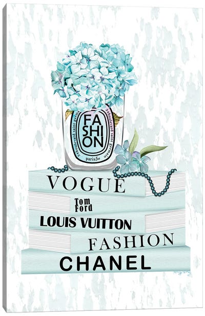 Oceans Fire Fashion Candle With Hydrageas On Teal Book Stack Canvas Art Print - Vogue Art