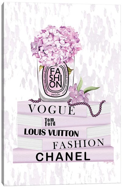 Satin Pink Fashion Candle With Hydrangeas On Soft Pink Book Stack Canvas Art Print - Vogue Art