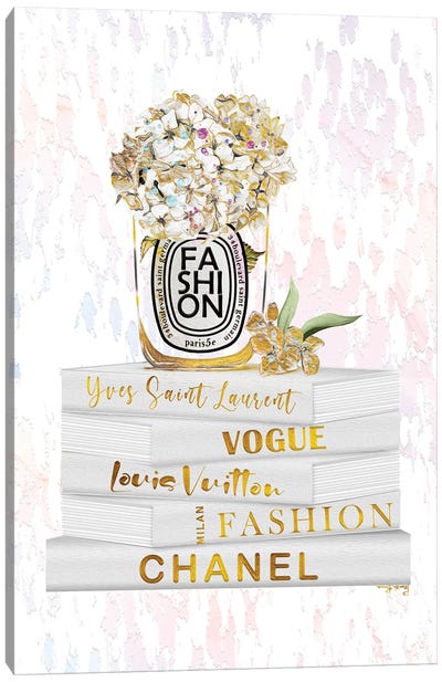 Splashes Of Gold Fashion Candle With Hydrangeas On White & Gold Fashion Books Canvas Art Print - Vogue Art
