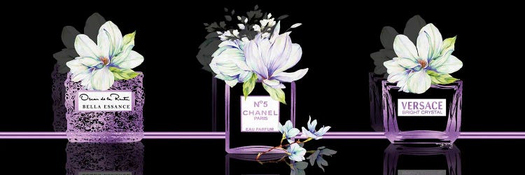 Purple Obsession Set Of 3 Perfume Bottles With Magnolias On Black by Pomaikai Barron wall art