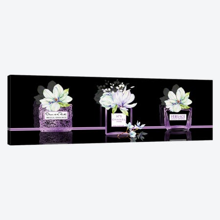 Purple Obsession Set Of 3 Perfume Bottles With Magnolias On Black Canvas Print #POB733} by Pomaikai Barron Canvas Wall Art