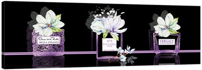 Purple Obsession Set Of 3 Perfume Bottles With Magnolias On Black Canvas Art Print - Magnolia Art