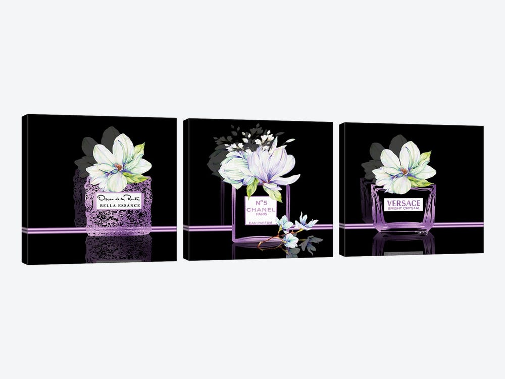 Purple Obsession Set Of 3 Perfume Bottles With Magnolias On Black by Pomaikai Barron 3-piece Canvas Art Print