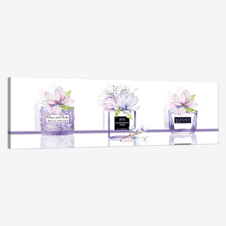 Perfume Obsession Set Of 3 Purple Perfume Bottles With Pastel Magnolias Canvas Print #POB734} by Pomaikai Barron Art Print