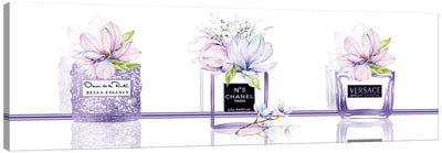 Perfume Obsession Set Of 3 Purple Perfume Bottles With Pastel Magnolias Canvas Art Print - Versace