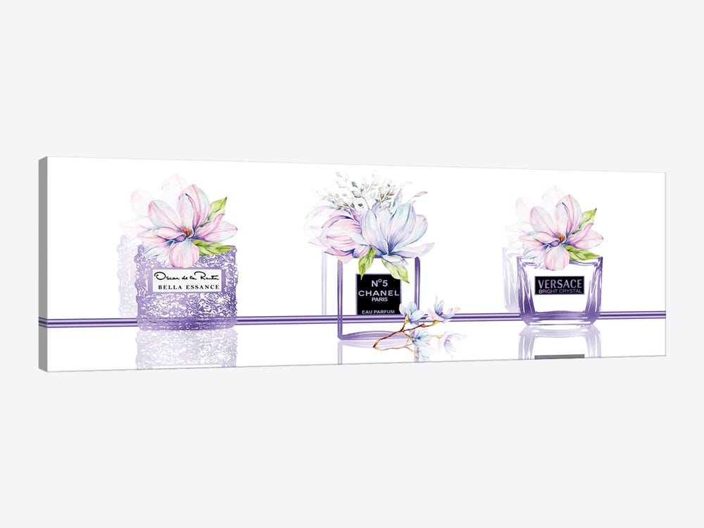 Perfume Obsession Set Of 3 Purple Perfume Bottles With Pastel Magnolias by Pomaikai Barron 1-piece Canvas Art
