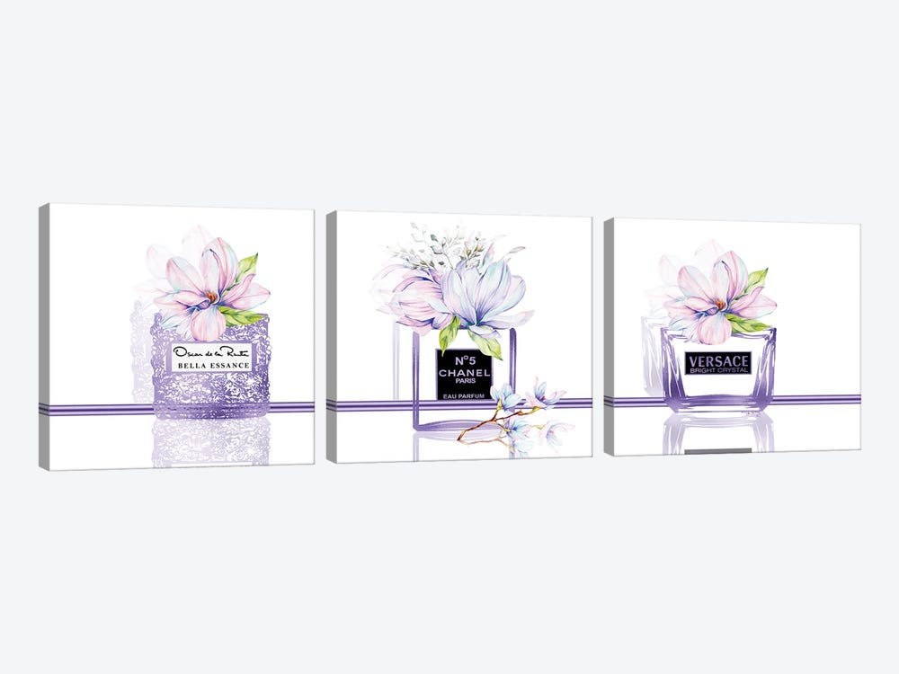 Perfume Obsession Set Of 3 Purple Perfume Bottles With Pastel Magnolias by Pomaikai Barron 3-piece Canvas Wall Art