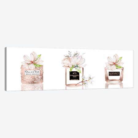 Ravishing Rose Gold Perfume Bottle Trio With Magnolias Canvas Print #POB736} by Pomaikai Barron Art Print