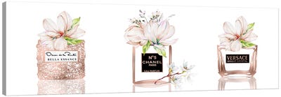 Ravishing Rose Gold Perfume Bottle Trio With Magnolias Canvas Art Print - Versace Art
