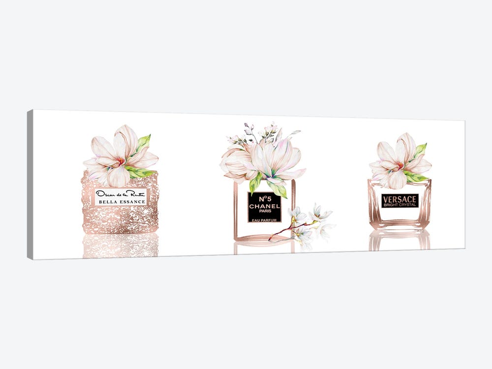 Ravishing Rose Gold Perfume Bottle Trio With Magnolias by Pomaikai Barron 1-piece Canvas Art