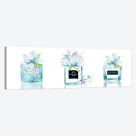 Aqua Blue Perfume Bottle Trio With Blue & Pink Magnolias Canvas Print #POB737} by Pomaikai Barron Canvas Print