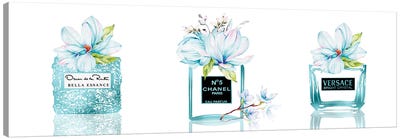 Aqua Blue Perfume Bottle Trio With Blue & Pink Magnolias Canvas Art Print - Versace