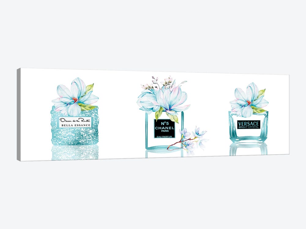 Aqua Blue Perfume Bottle Trio With Blue & Pink Magnolias by Pomaikai Barron 1-piece Canvas Print
