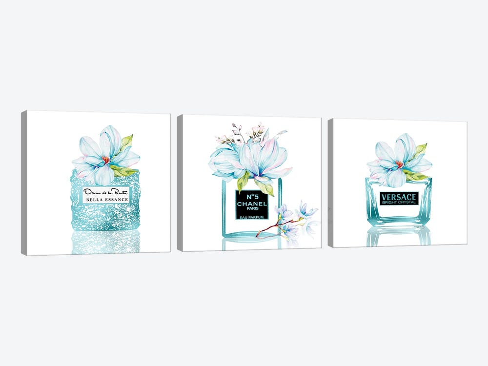 Aqua Blue Perfume Bottle Trio With Blue & Pink Magnolias by Pomaikai Barron 3-piece Art Print