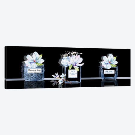 Set Of 3 Royal Blue Perfume Bottles With Magnolias On Black Canvas Print #POB738} by Pomaikai Barron Canvas Wall Art