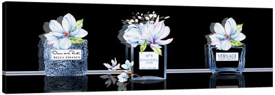 Set Of 3 Royal Blue Perfume Bottles With Magnolias On Black Canvas Art Print - Versace Art