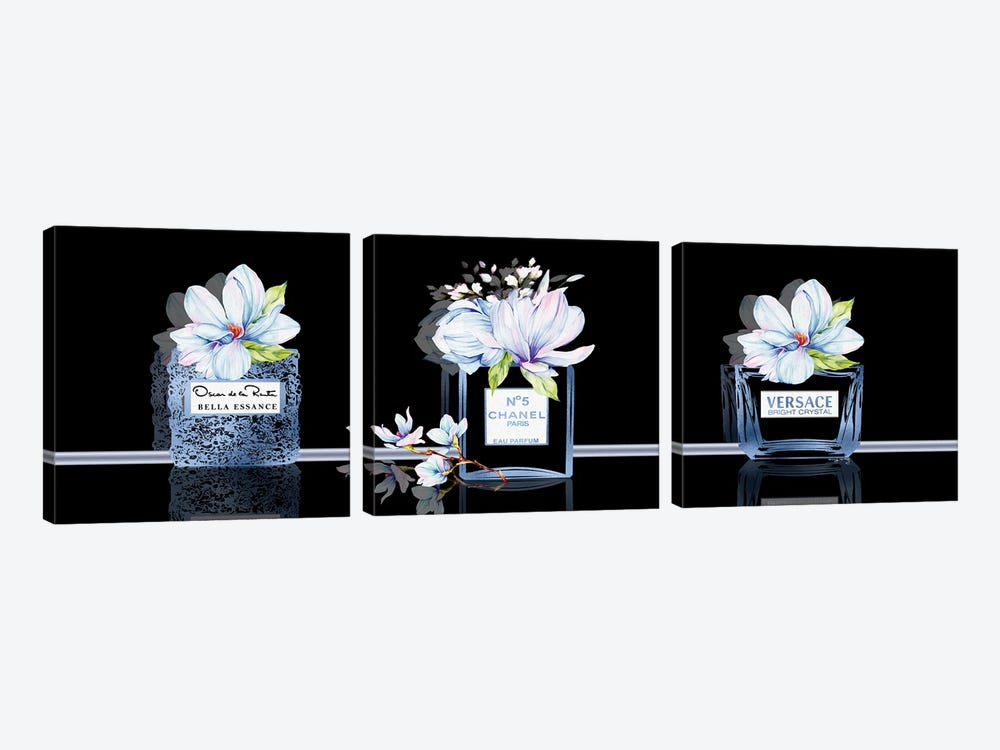 Set Of 3 Royal Blue Perfume Bottles With Magnolias On Black by Pomaikai Barron 3-piece Canvas Artwork