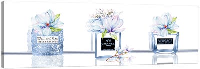 Royal Blue Perfume Bottle Trio With Duo Colored Magnolias Canvas Art Print - Perfume Bottle Art