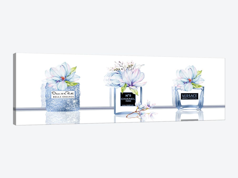 Royal Blue Perfume Bottle Trio With Duo Colored Magnolias by Pomaikai Barron 1-piece Canvas Print