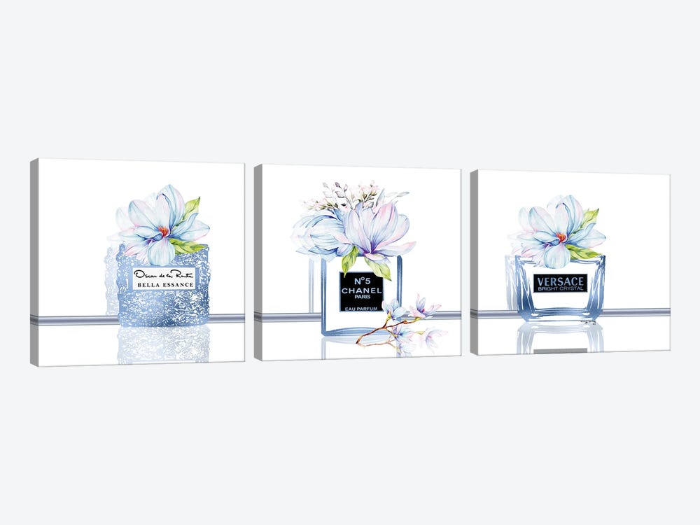 Royal Blue Perfume Bottle Trio With Duo Colored Magnolias by Pomaikai Barron 3-piece Canvas Art Print