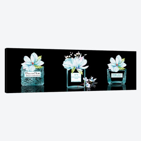 Aqua Blue Perfume Bottles With Magnolias 3 Set On Black Canvas Print #POB740} by Pomaikai Barron Canvas Art Print