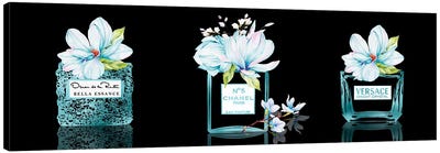 Aqua Blue Perfume Bottles With Magnolias 3 Set On Black Canvas Art Print - Versace Art