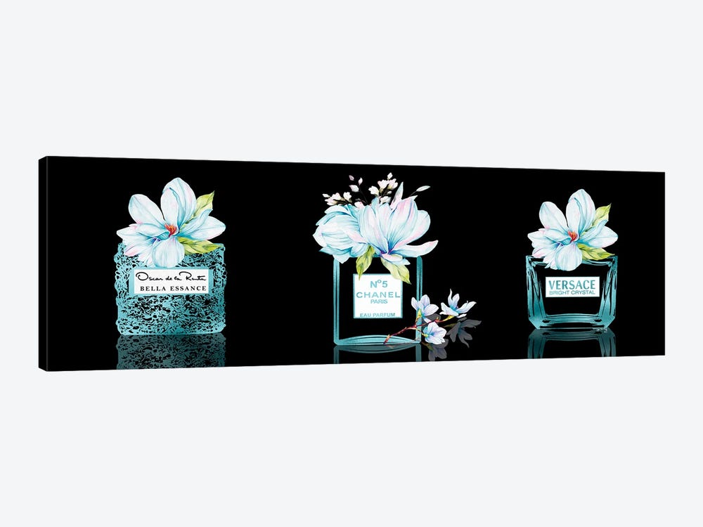 Aqua Blue Perfume Bottles With Magnolias 3 Set On Black by Pomaikai Barron 1-piece Art Print