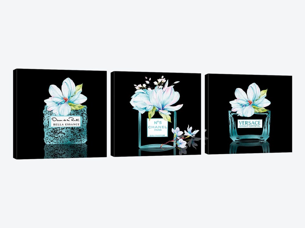 Aqua Blue Perfume Bottles With Magnolias 3 Set On Black by Pomaikai Barron 3-piece Canvas Print