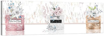 White Rose Gold & Bronze Perfume Bottle Trio With Roses And Magnolias Canvas Art Print - Magnolia Art