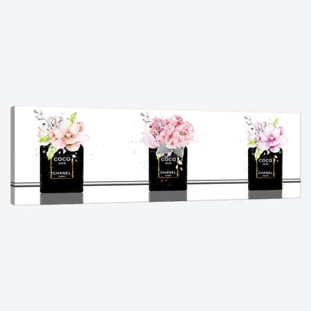 Black Bottles Perfume Trio With Magnolias & Roses Canvas Print #POB742} by Pomaikai Barron Art Print