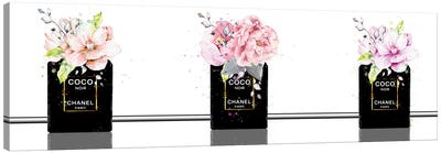 Black Bottles Perfume Trio With Magnolias & Roses Canvas Art Print - Magnolias
