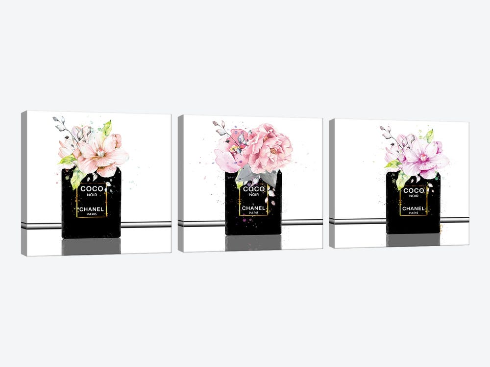 Black Bottles Perfume Trio With Magnolias & Roses by Pomaikai Barron 3-piece Canvas Art Print