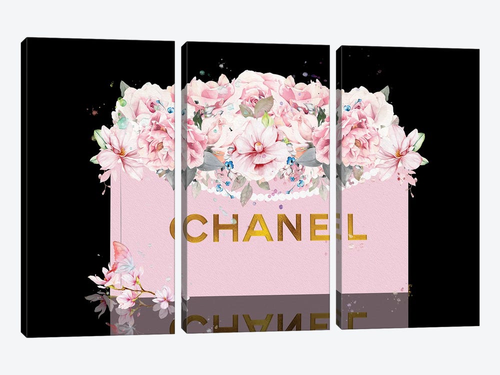 Pink With Gold Shopping Bag With Blush Roses On Black by Pomaikai Barron 3-piece Canvas Artwork