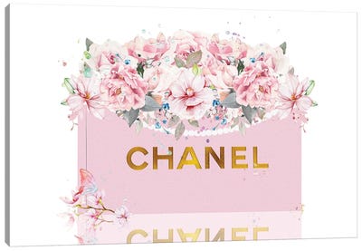 Pretty Pink & Gold Shopping Bag With Blush Roses Canvas Art Print - Shopping Art