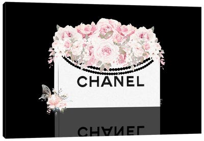 White Shopping Bag With Blush Florals On Black Canvas Art Print - Shopping Art