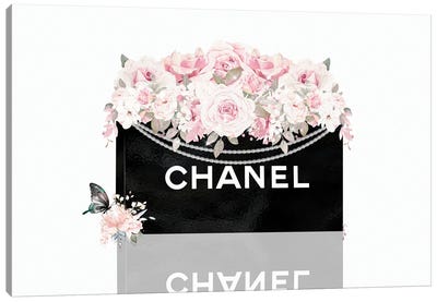 Black Shopping Bag With Blush Pink Florals Canvas Art Print - Shopping Art