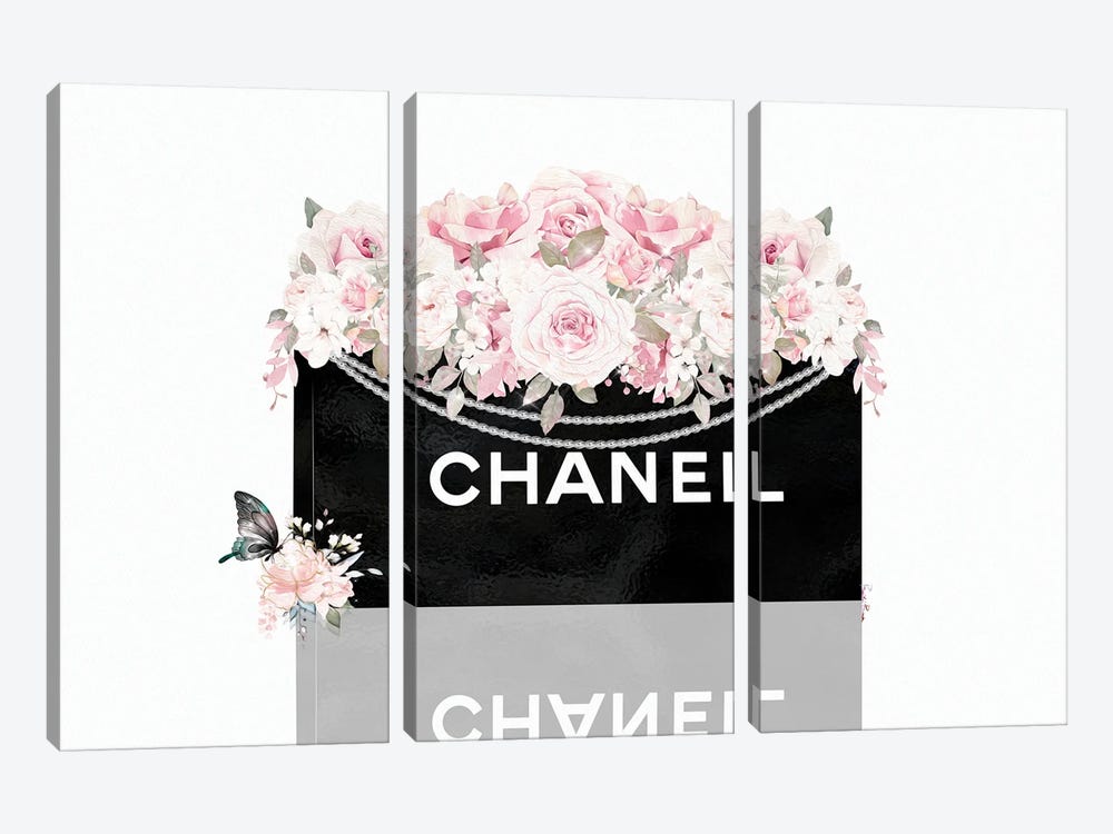 Black Shopping Bag With Blush Pink Florals by Pomaikai Barron 3-piece Art Print