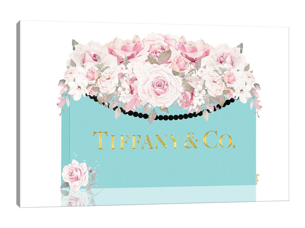 Framed Canvas Art (Champagne) - Teal & Gold Shopping Bag with Lightly Blushed Roses by Pomaikai Barron ( Fashion > Fashion Brands > Tiffany & Co. art)